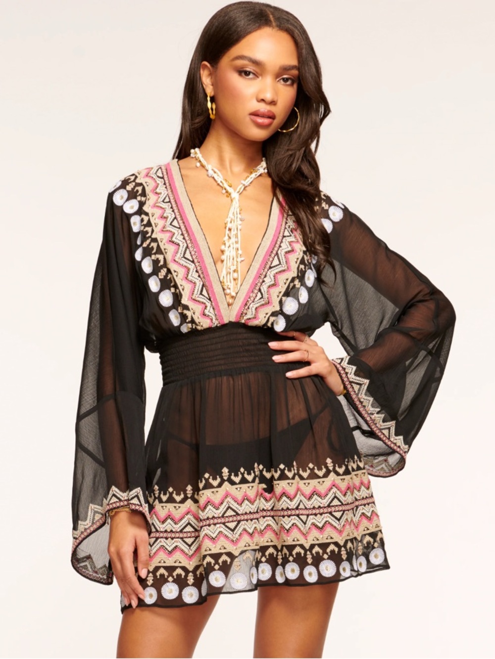 Ramy Brook Autumn Embroidered Black Sheer Boho Mini Dress Coverup Small